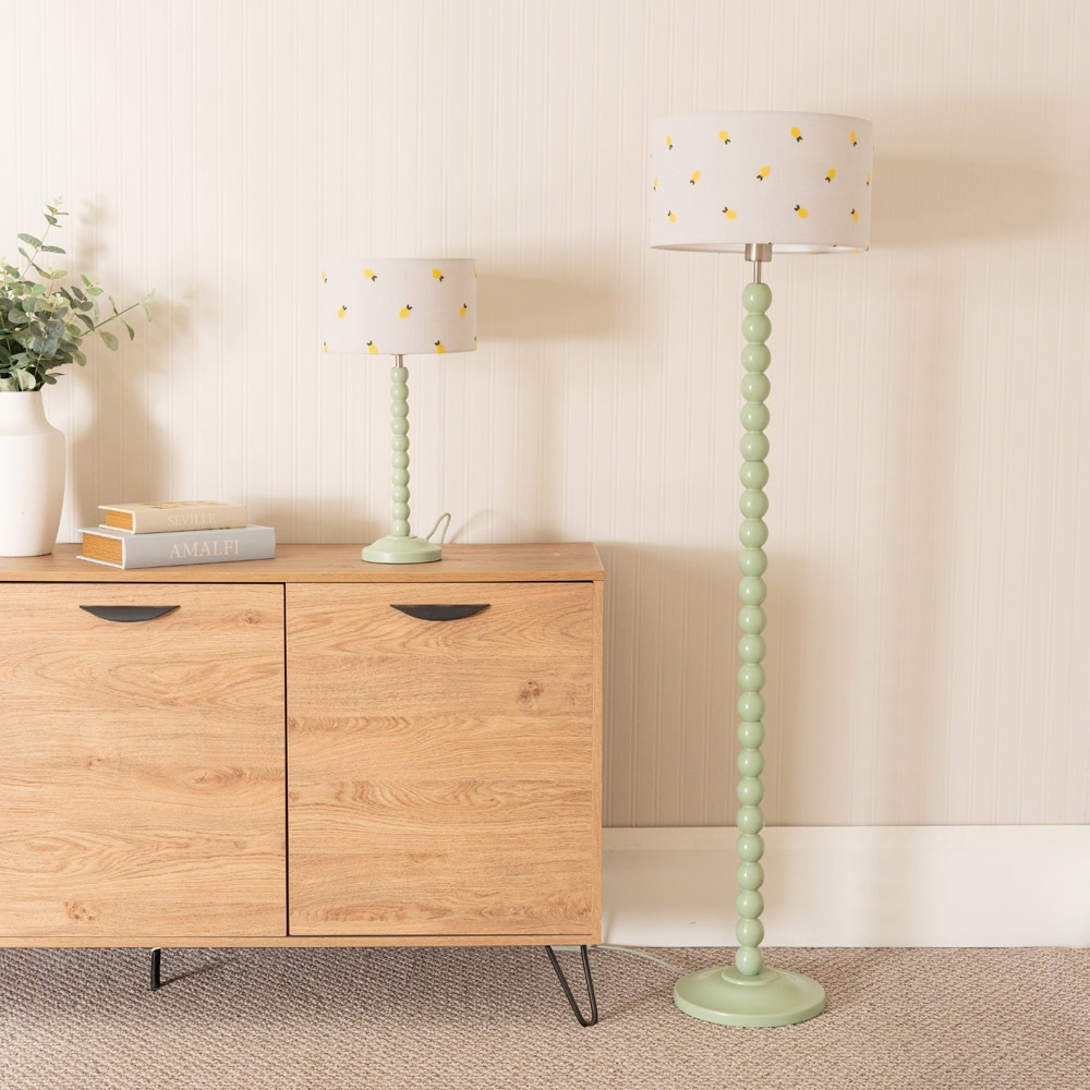 ValueLights Bobbins Lemon Embroidered Drum Shade Sage Green LED Table Lamp Image 5