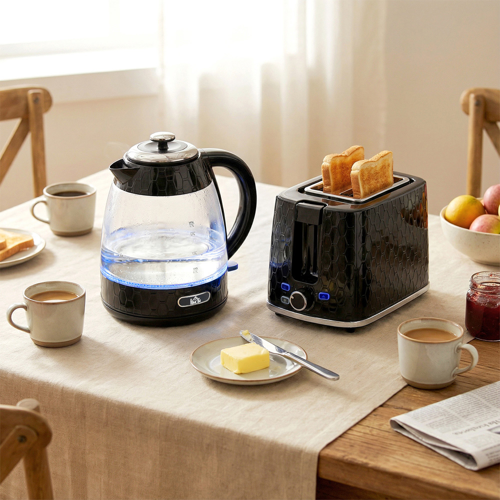 HOMCOM Black 1.7L Fast Boil Kettle and 2 Slice Toaster Set Image 2