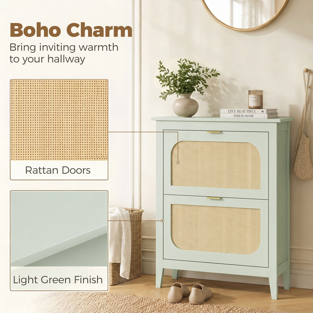 HOMCOM 2 Flip Door Green Rattan Boho-Style Slim Shoe Cabinet Image 5