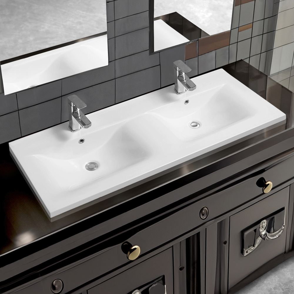 Limoge White Ceramic Thin Edge Double Inset Basin with Dipped Bowl 1210mm Image 2