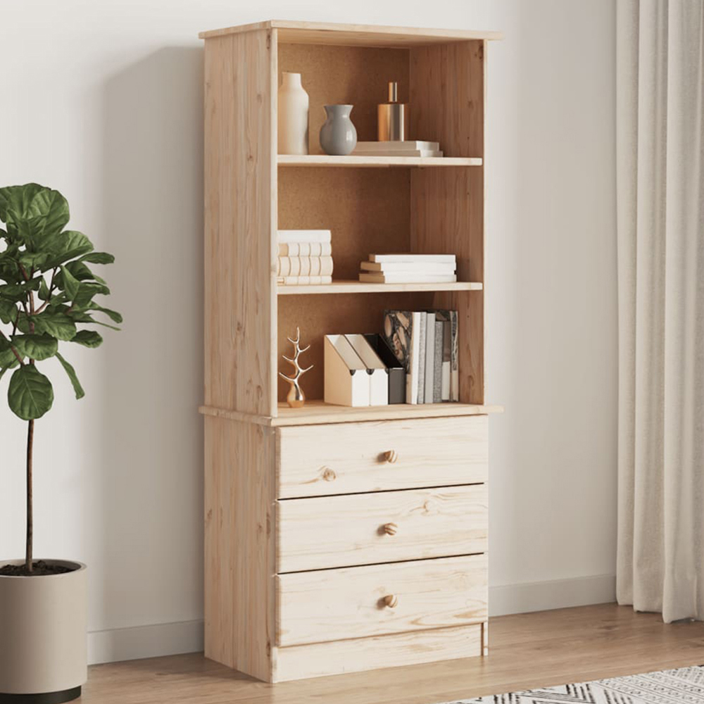 vidaXL Alta 3 Drawer 3 Shelf Natural Solid Pine Wood Bookcase Image 1