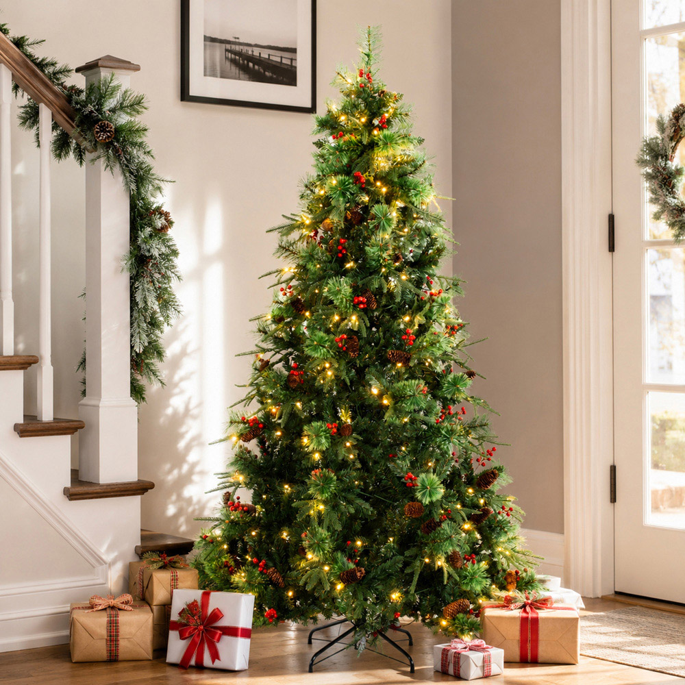 Abrihome 180 Warm White LED Pre-Lit Artificial Christmas Tree with Berries and Pinecones 5ft Image 2