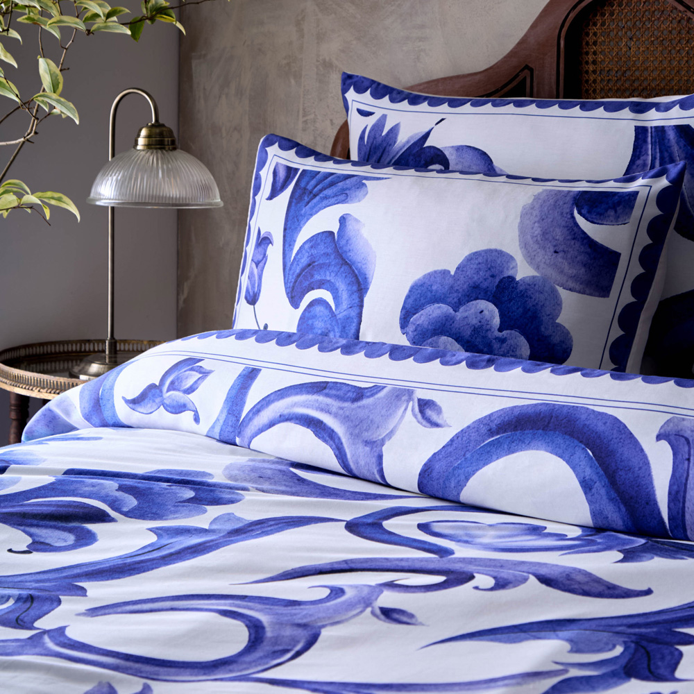 Paoletti Azzurro King Size Blue Printed Cotton Duvet Set Image 2