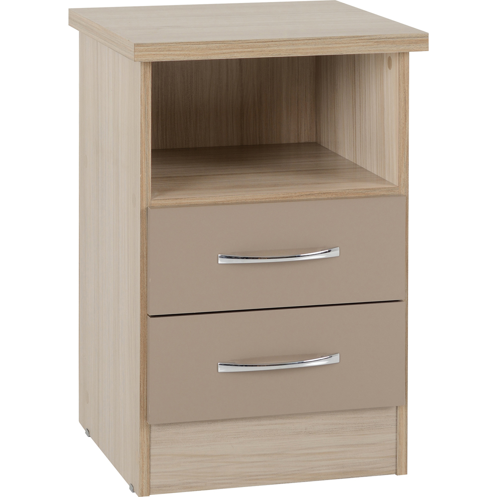 Seconique Nevada 2 Drawer Oyster Gloss and Light Oak Effect Veneer Bedside Table Image 2