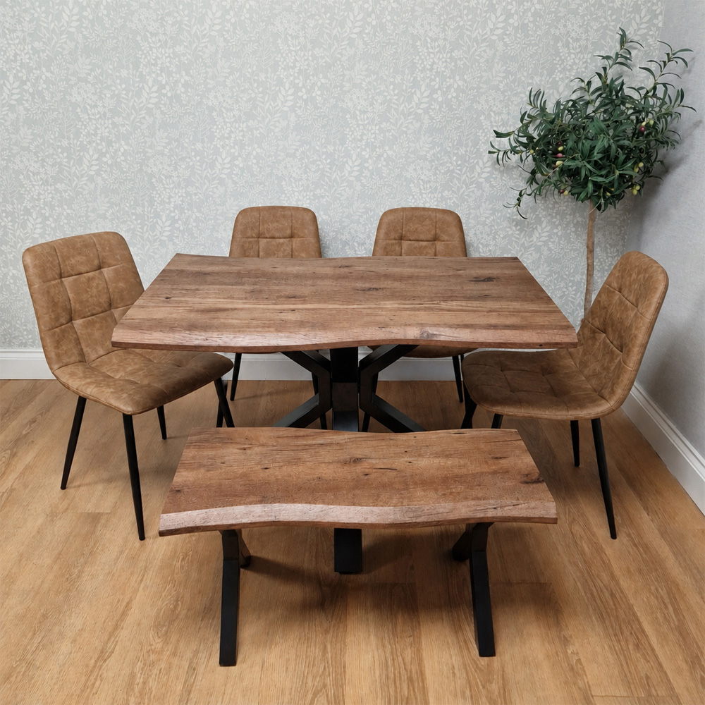 Kosy Koala 6 Seater Wooden Effect Faux Leather Dining Set with Bench Rustic Brown Image 2
