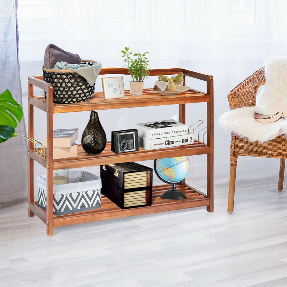 Costway 3 Shelf Solid Acacia Wood Shoe Rack with Side Metal Hooks Image 2