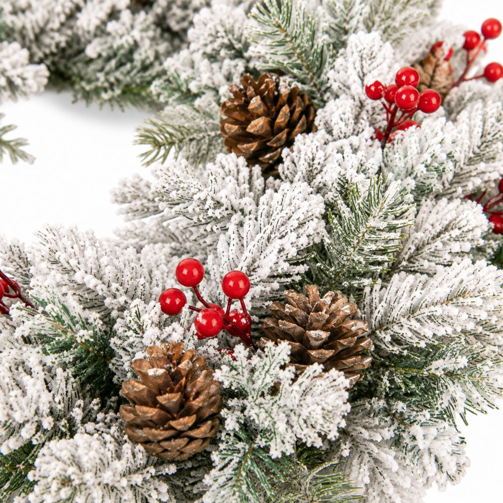 Marco Paul Pre Lit LED Snow Flocked Christmas Wreath with Pinecones and Berries Image 3