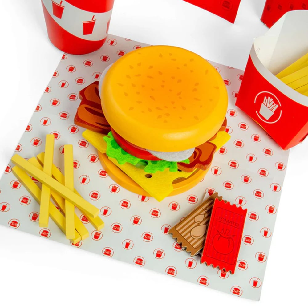 Bigjigs Toys Kids 48 Pieces Wooden Burger and Fries Pretend Playset Image 5