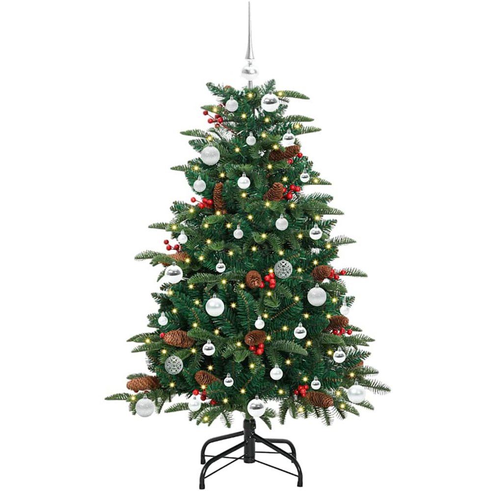 vidaXL Pre-Lit Warm White LED and Silver Baubles Green Artificial Christmas Tree with Stand 5ft Image 1
