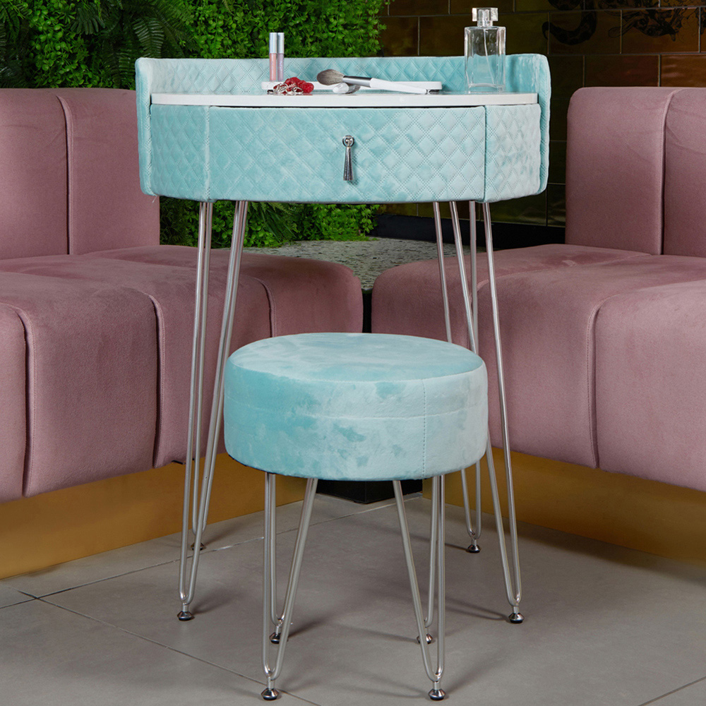 CARME Home French Riviera Single Drawer Baby Blue Upholstered Velvet Dressing Table Set Image 1