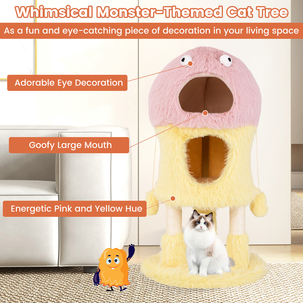 Costway Yellow Monster Themed Cat Tower with 2 Private Condos 93cm Image 7