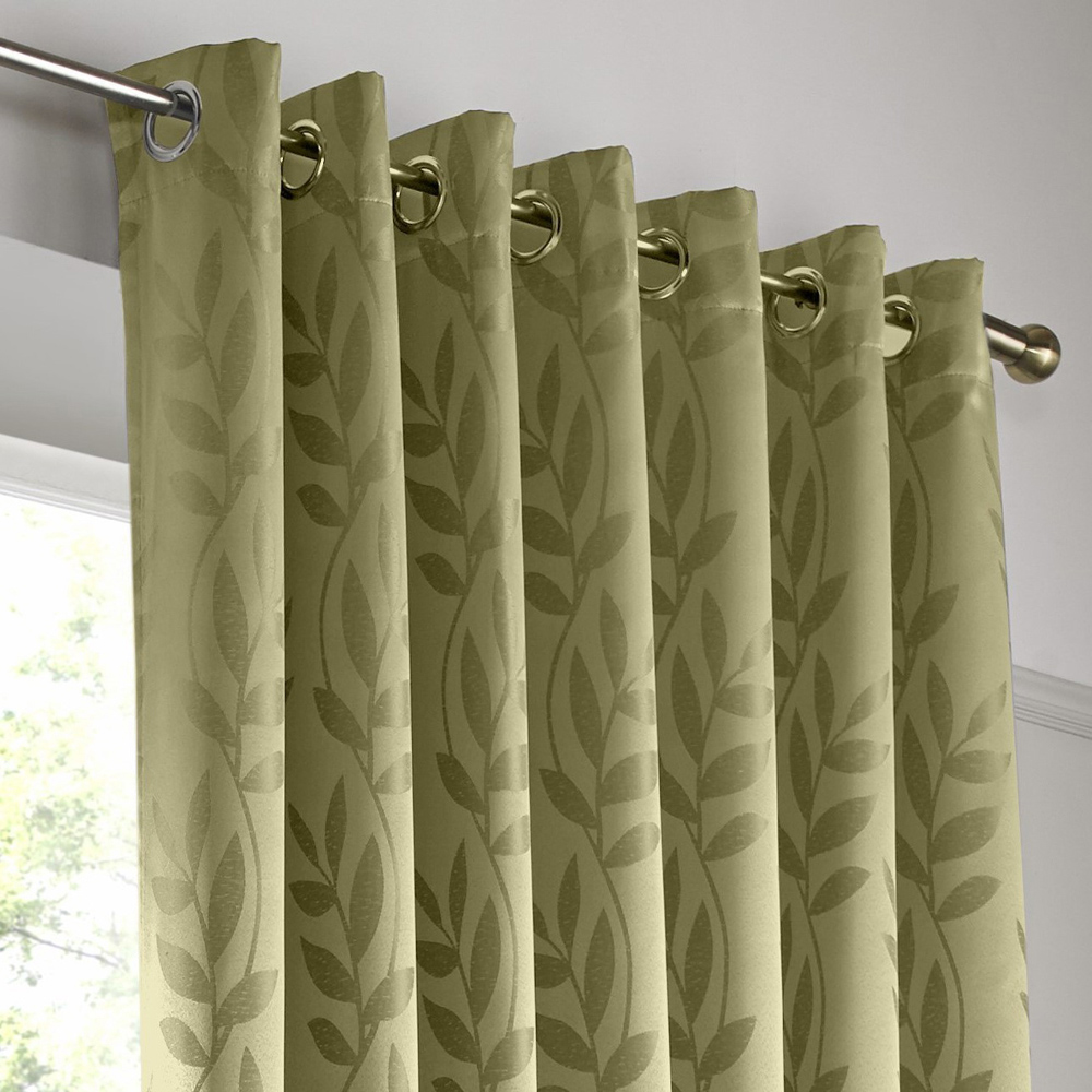 Alan Symonds Dupion Green Leaf Jacquard Ring Top Eyelet Curtains 229 x 274cm Image 2