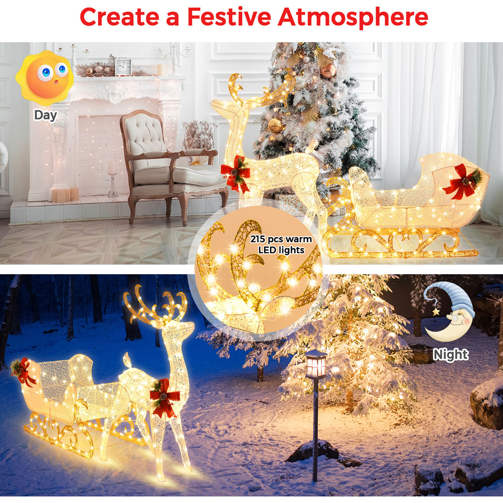 Costway 215 Warm White LED Pre-Lit Reindeer and Santa’s Sleigh Christmas Decoration Image 6