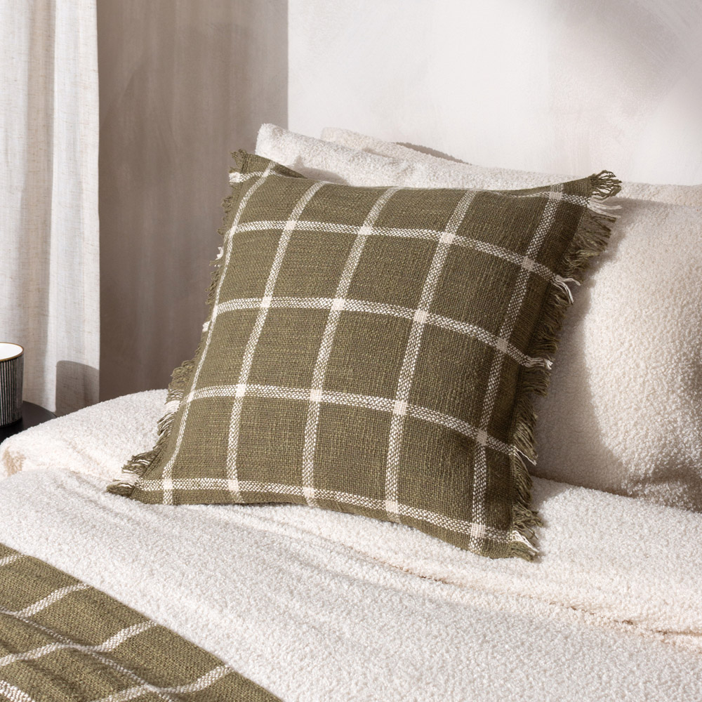Yard Beni Moss and Natural Check Fringed Cushion Image 2