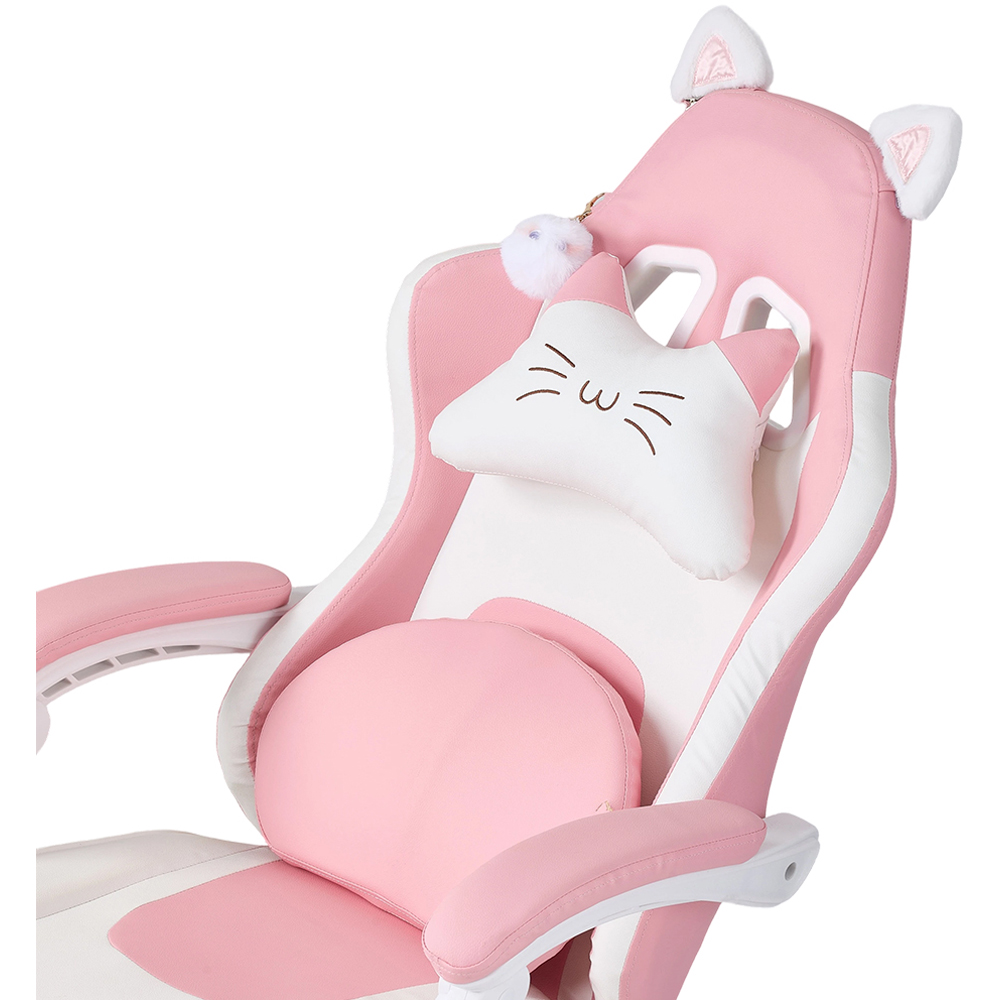 Living and Home White and Pink Cat Ear Design Gaming Chair with Massage Lumbar Pillow Image 4