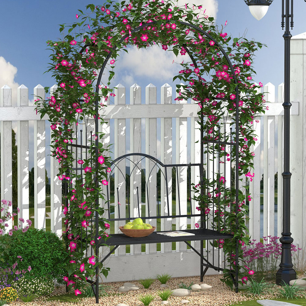 Outsunny 6.6 x 3.7ft Black Garden Arch Bench with Trellis Side Image 1