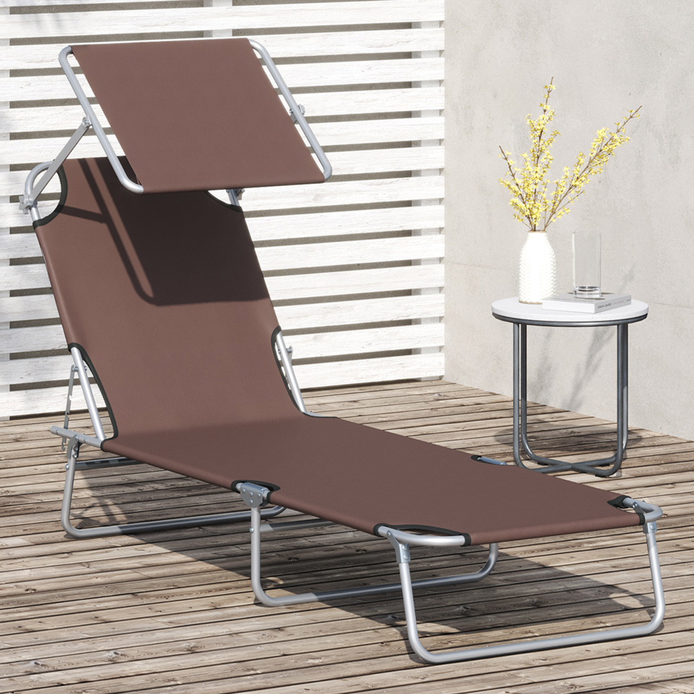 Outsunny Brown Foldable Sun Lounger with Sunshade Awning Image 1