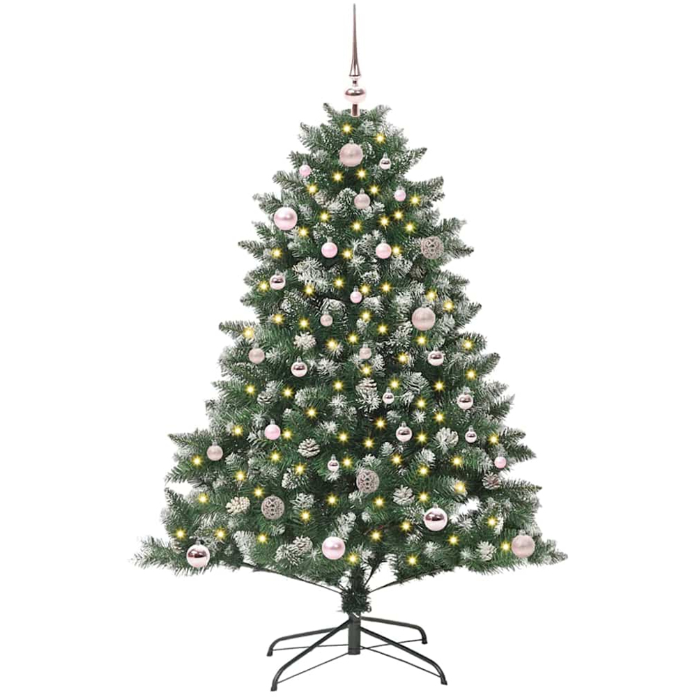vidaXL Pre-Lit Pink Baubles Green Artificial Snow Tipped Christmas Tree 5ft Image 2