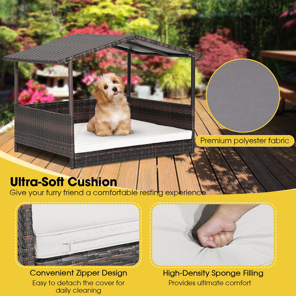Costway White Wicker Dog House with Removable Cushion Image 4