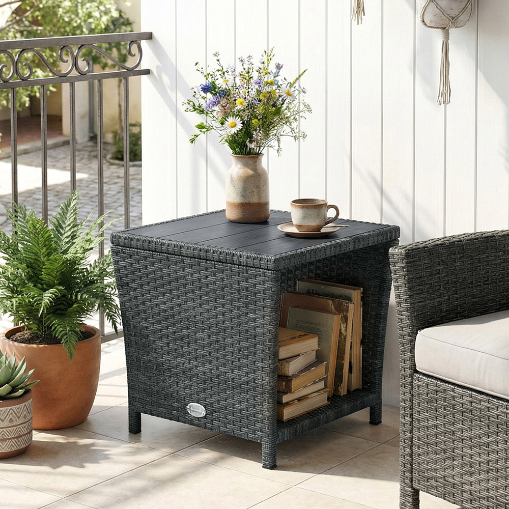 Outsunny Single Shelf Grey Rattan Side Table Image 3
