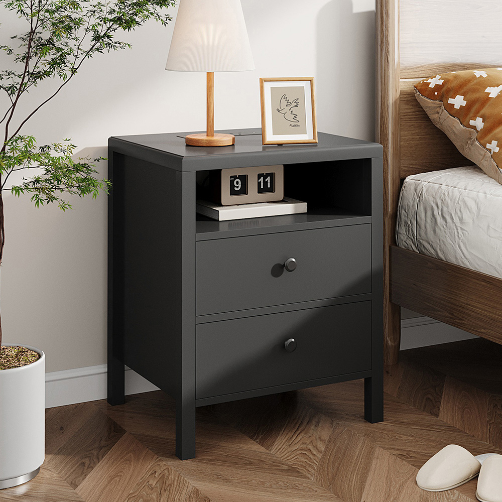 Living and Home 2 Drawer Single Shelf Black Modern Bedside Table with Power Strip Set of 2 Image 8