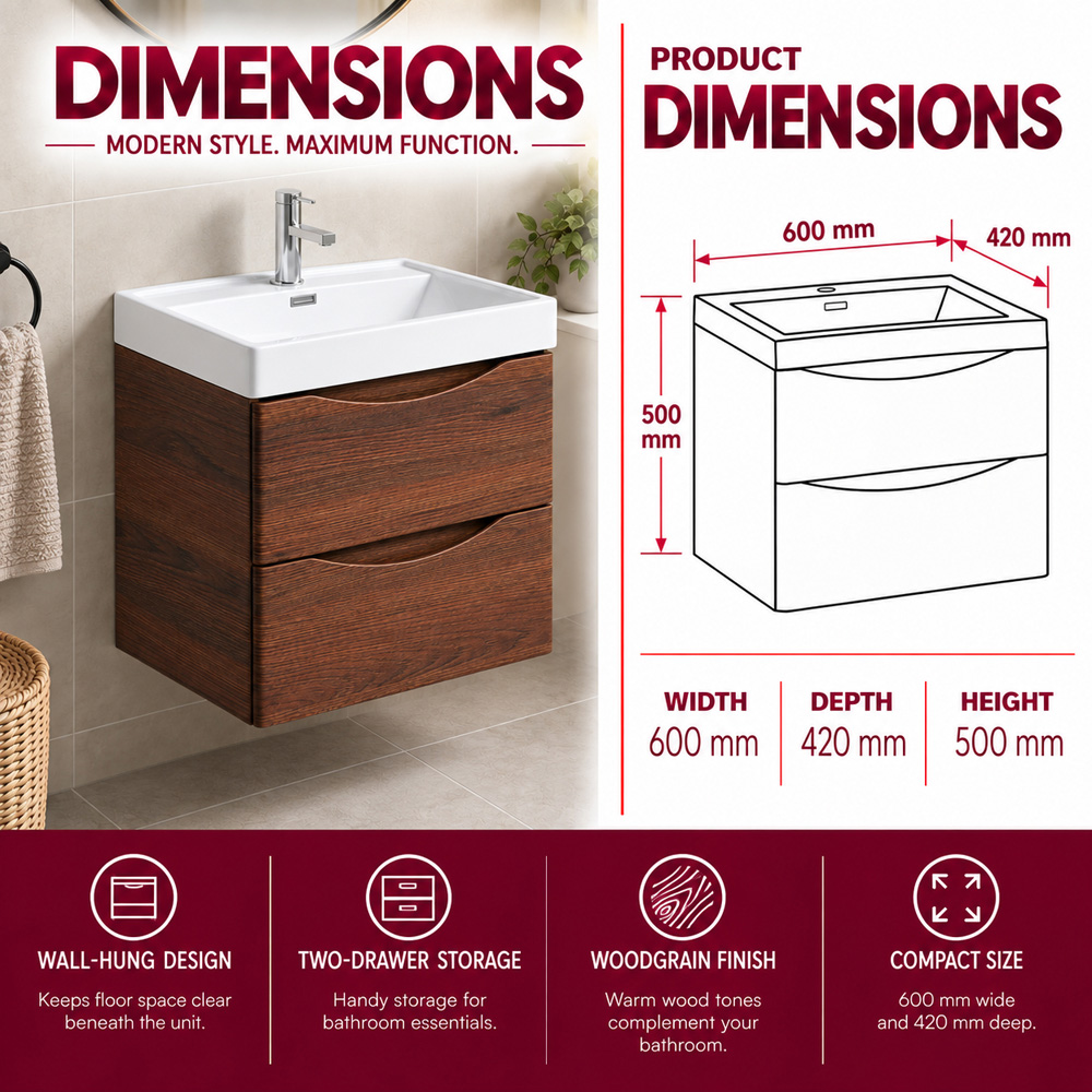 Go Bathrooms 2 Drawer Oak Wall Hung Vanity Unit with Ceramic Basin 600mm Image 4