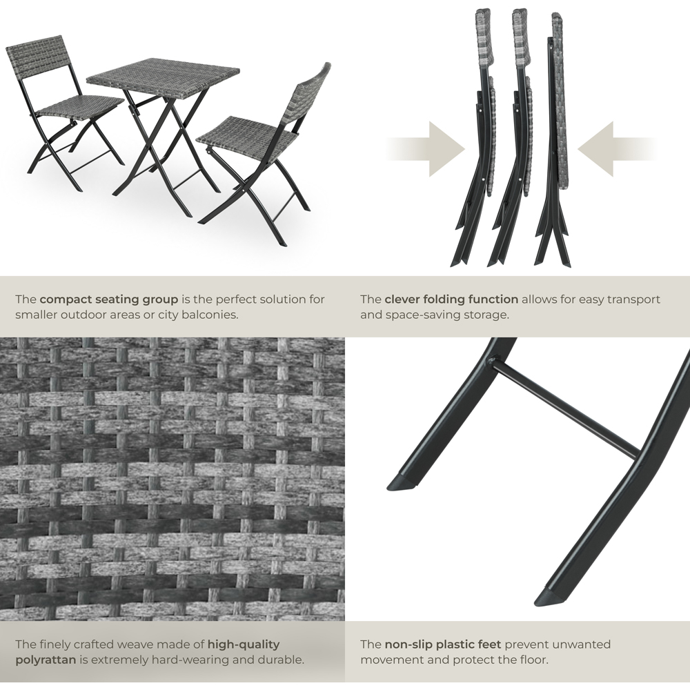 tectake Trevi 2 Seater Rattan Foldable Garden Bistro Set Grey Image 5