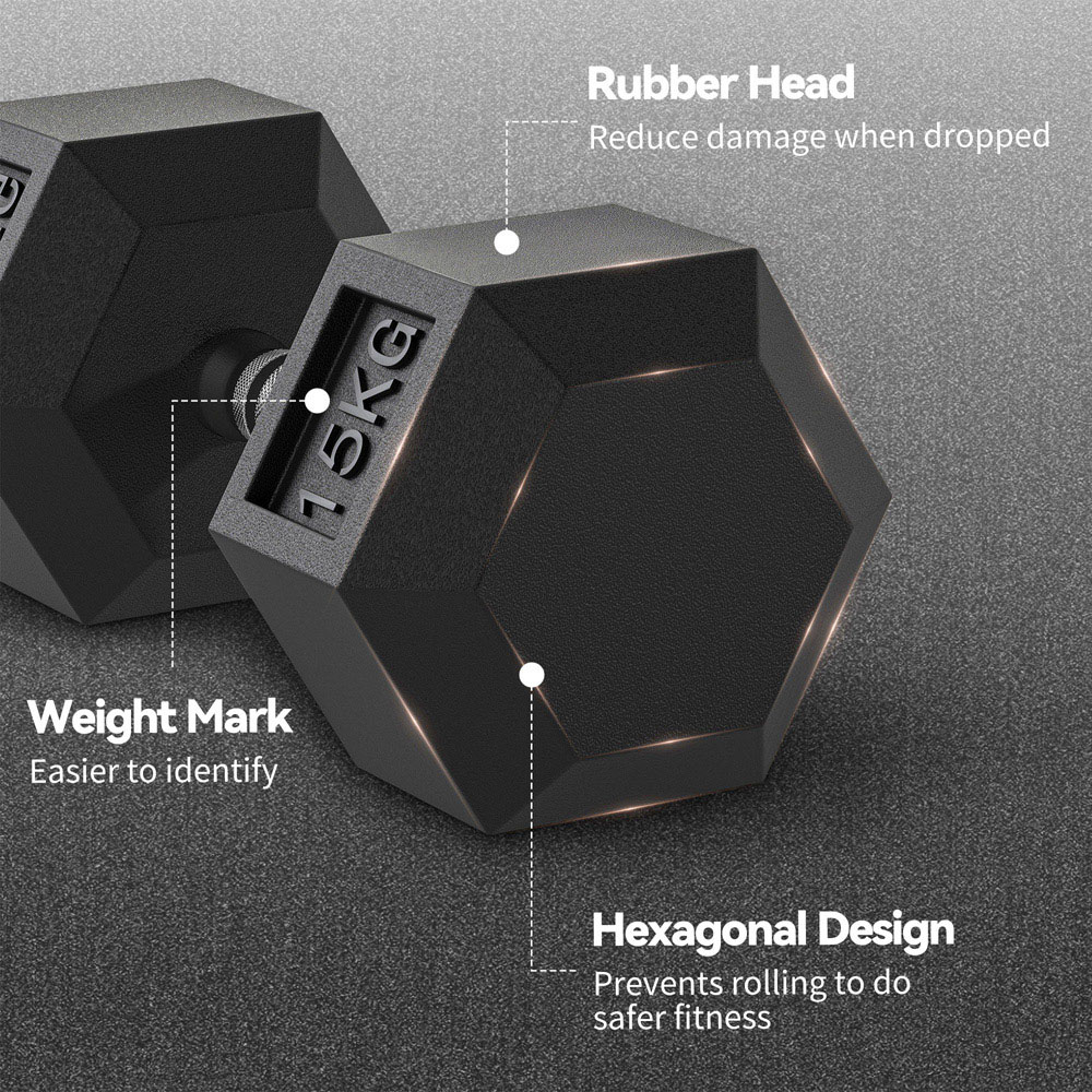 HOMCOM Black Portable Hexagonal Rubber Dumbbell Set 15kg 2 Pack Image 8