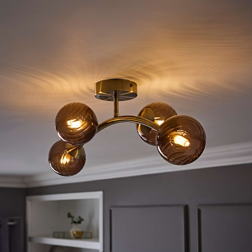ValueLights Sydney Brushed Brass 4-Arm Ceiling Light with Swirl Glass Shade and Bulb Image 6