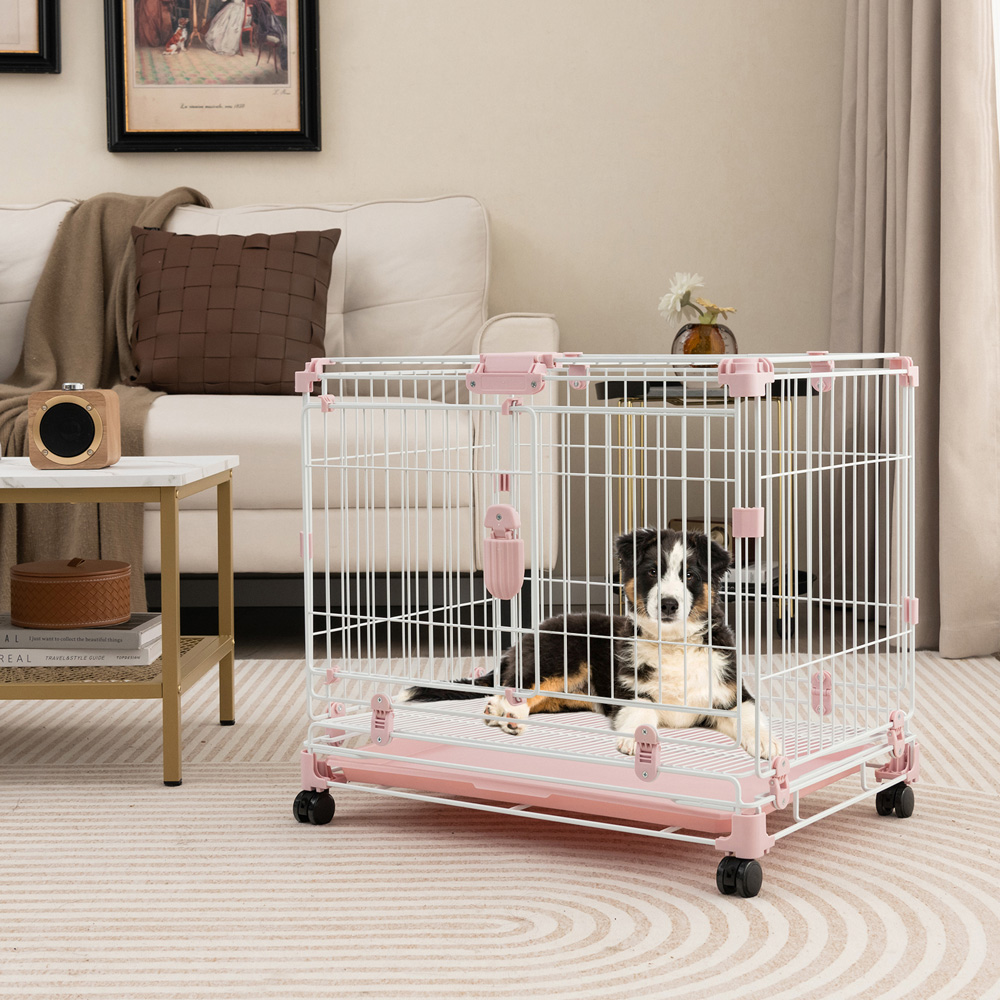 Costway Folding Dog Kennel with Double Lockable Door and Wheels Image 2