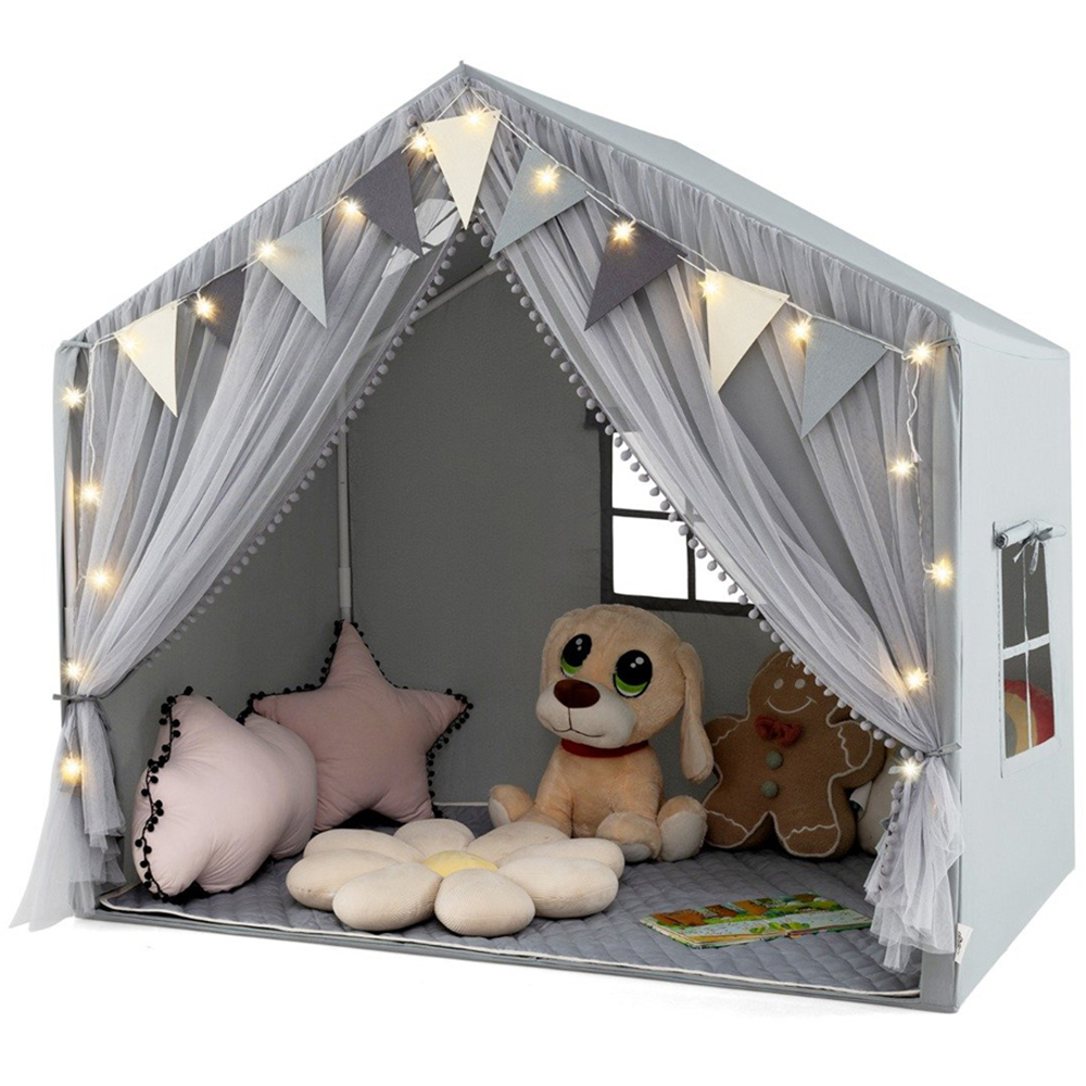 Costway Kids Grey Large Tent House Play Set with Fabric and Screen Curtains Image 1