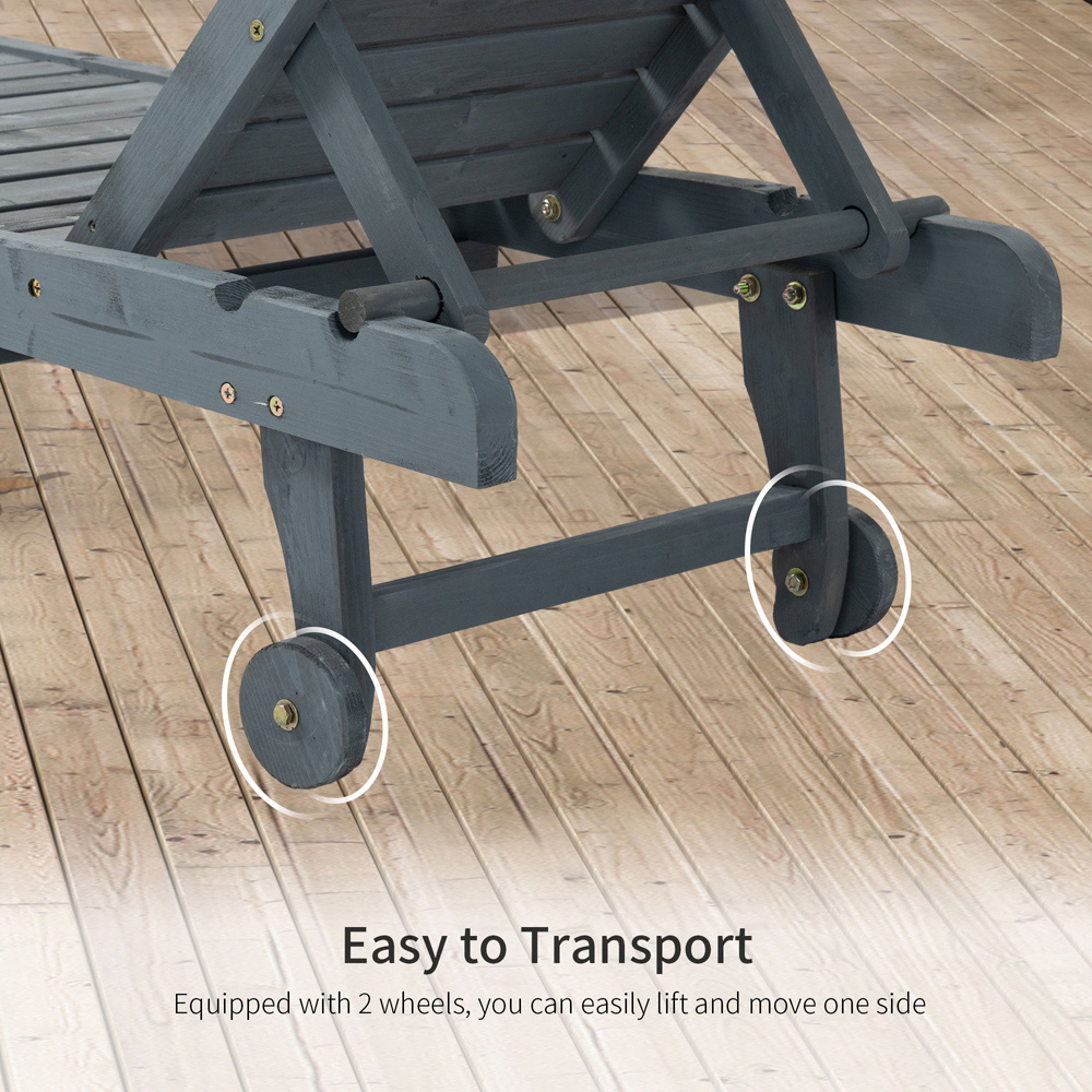 Outsunny Grey Wooden Sun Lounger with Pull Out Table Image 6