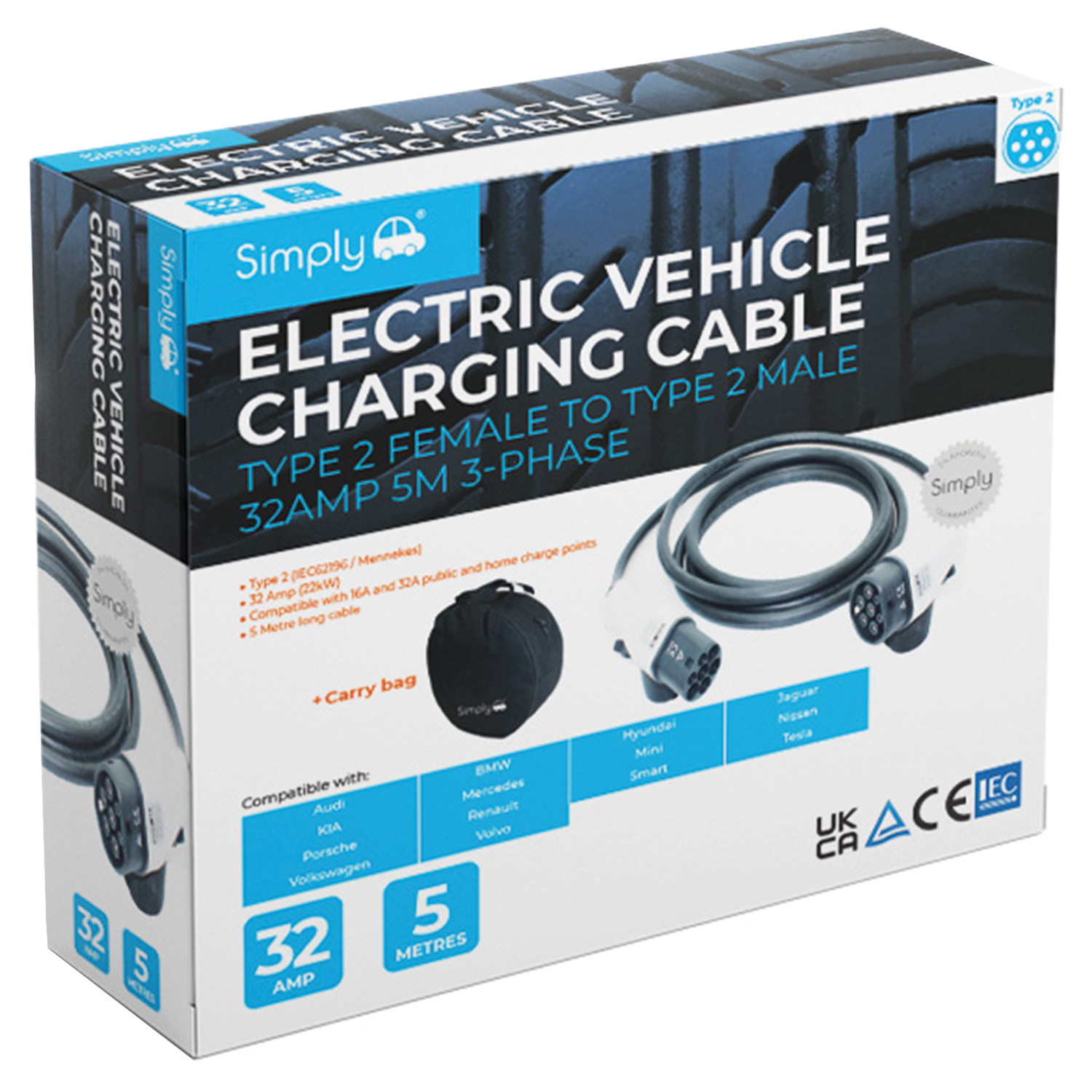 Electric Vehicle Charging Cable - Type 2 F to Type 2 M (3-Phase) Image 1