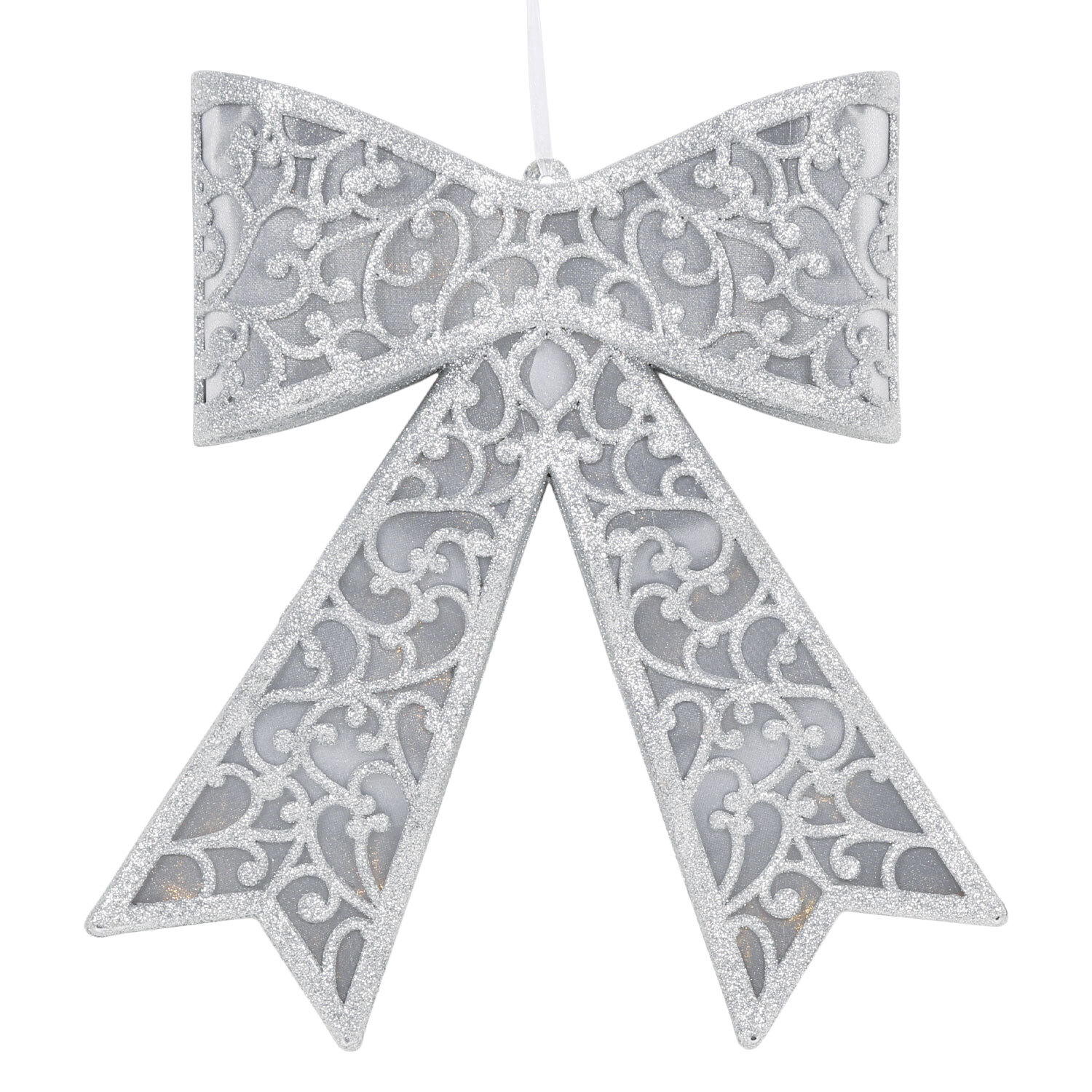 Platinum Eternity LED Silver Glitter Hanging Bow Christmas Ornament Image 2