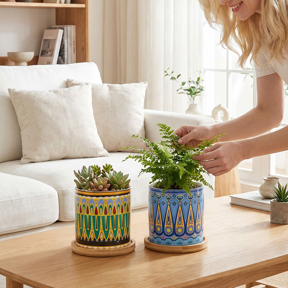 Living and Home Nordic Ceramic Plant Pot with Bamboo Tray Set of 4 Image 7