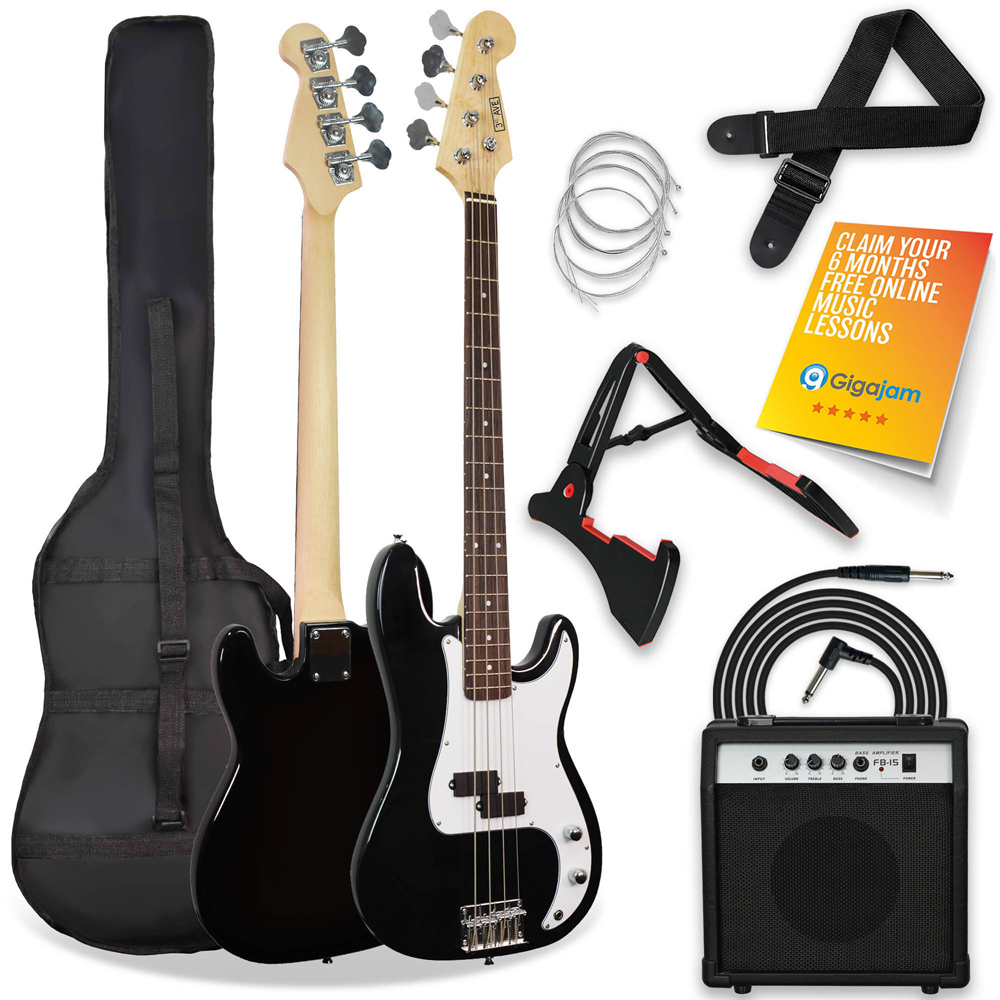 3rd Avenue Black Full Size Electric Bass Guitar Set Image 1