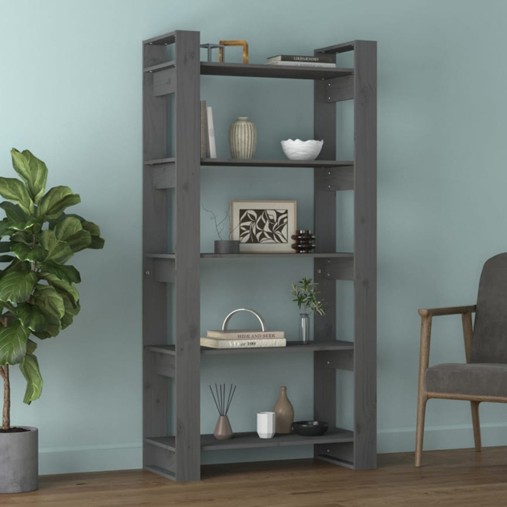 vidaXL 5 Shelf Grey Solid Wood Tall Bookcase Image 1