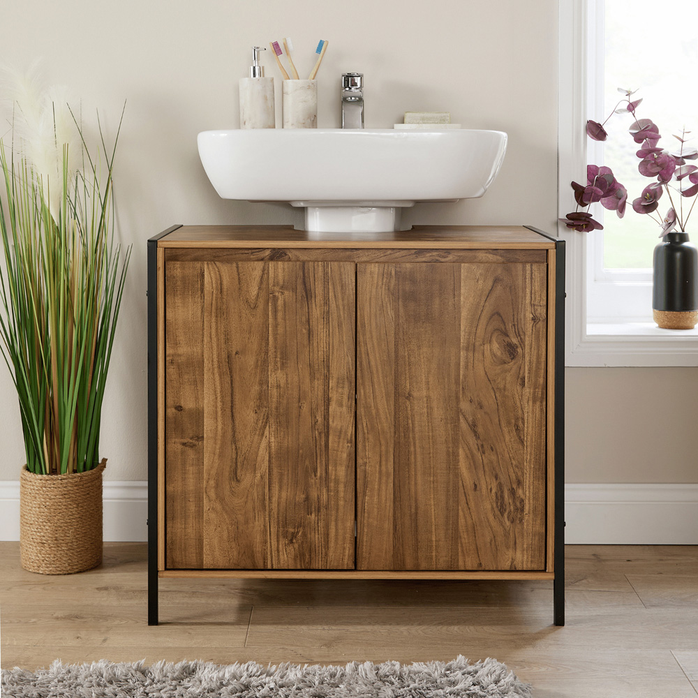 Home Source Locastra 2 Door Oak and Black Under Basin Bathroom Storage Cabinet Image 7