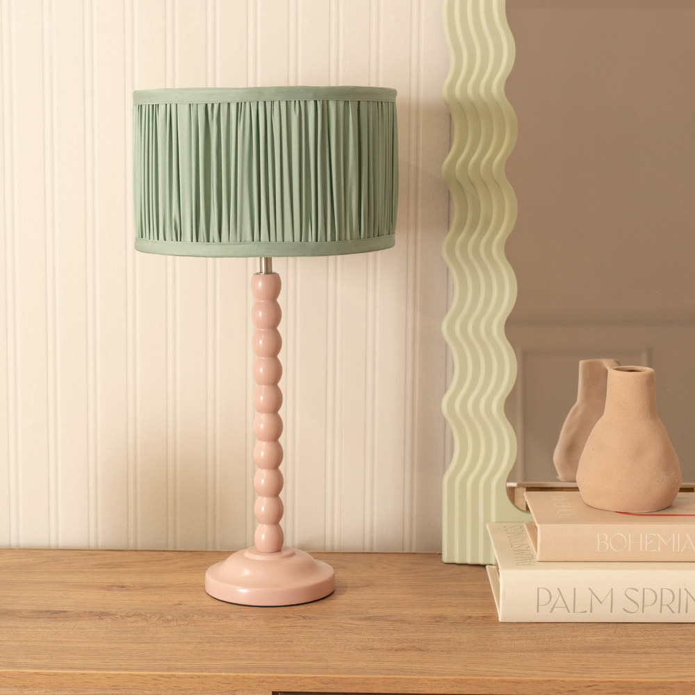 ValueLights Bobbins Ruched Pleated Green Drum Shade Painted Rose LED Table Lamp Image 3