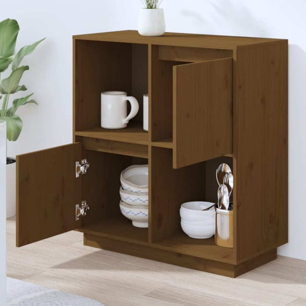 vidaXL 2 Door 2 Shelf Honey Brown Pine Wood Sideboard Image 1