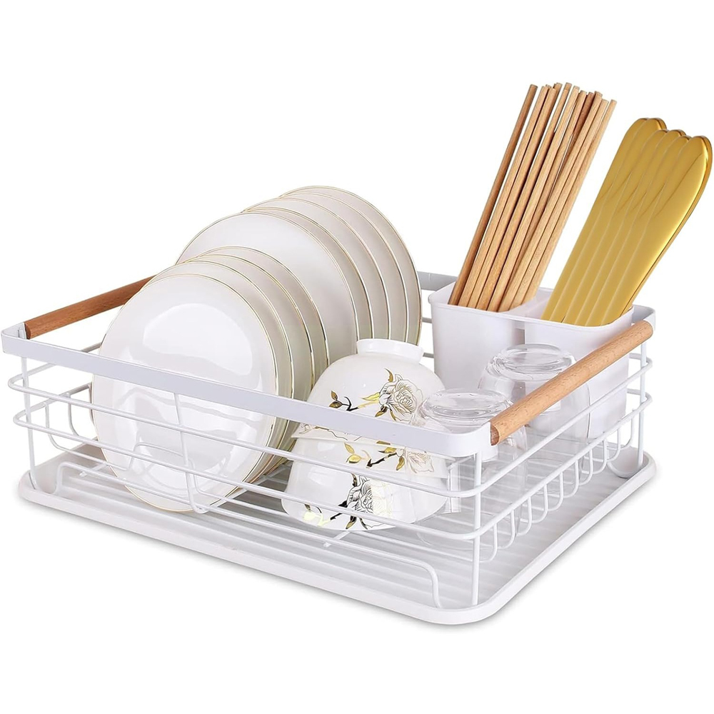 ATEK White Wooden Handle Dish Drying Rack with Drain Tray and Cutlery Holder Image 1
