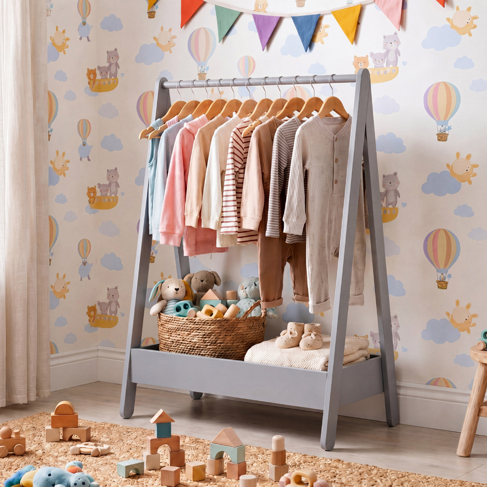 JUNIOR VIDA Grey Kids Clothes Rack with Storage Shelf Image 3