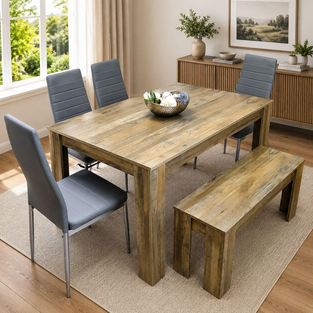 Portland 6 Seater Dining Set Rustic Effect and Grey Leather with Bench Image 1