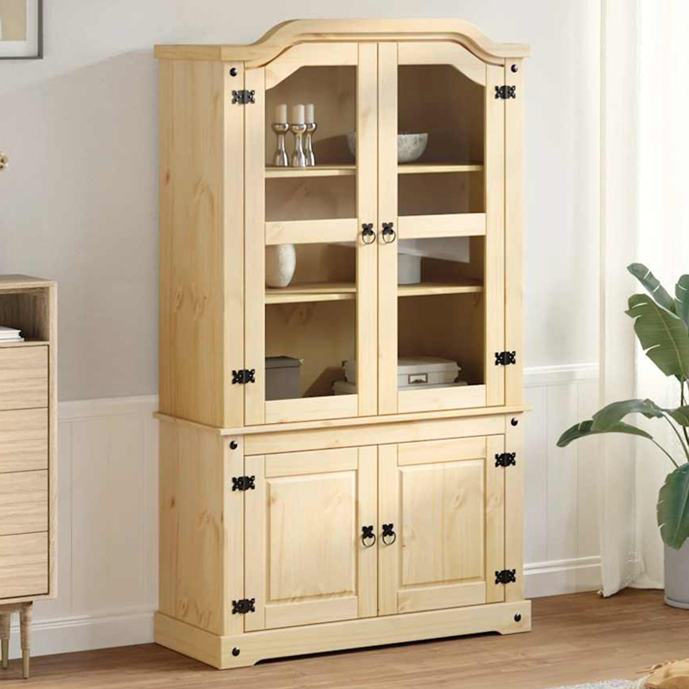 vidaXL 4 Door 3 Shelf Brown Solid Pine Wood Glass Display Cabinet Image 1