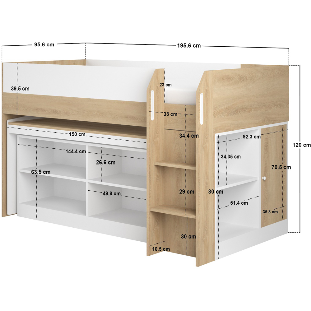 Flair Aiden White and Oak Kids Cabin Bed with Pull-Out Desk and Storage Image 8