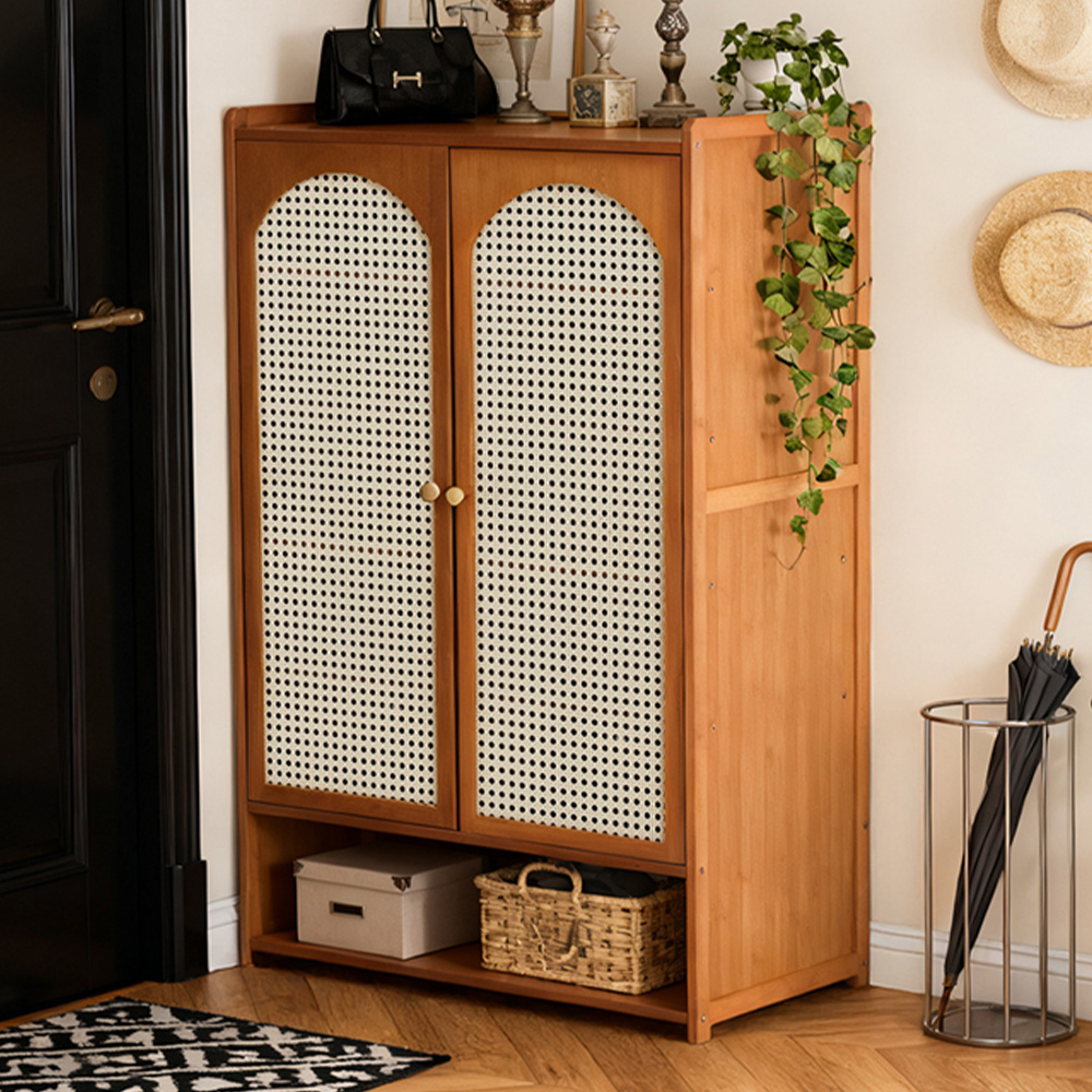 Living and Home 2 Door Single Open Shelf Brown Rattan Shoe Cabinet Image 1