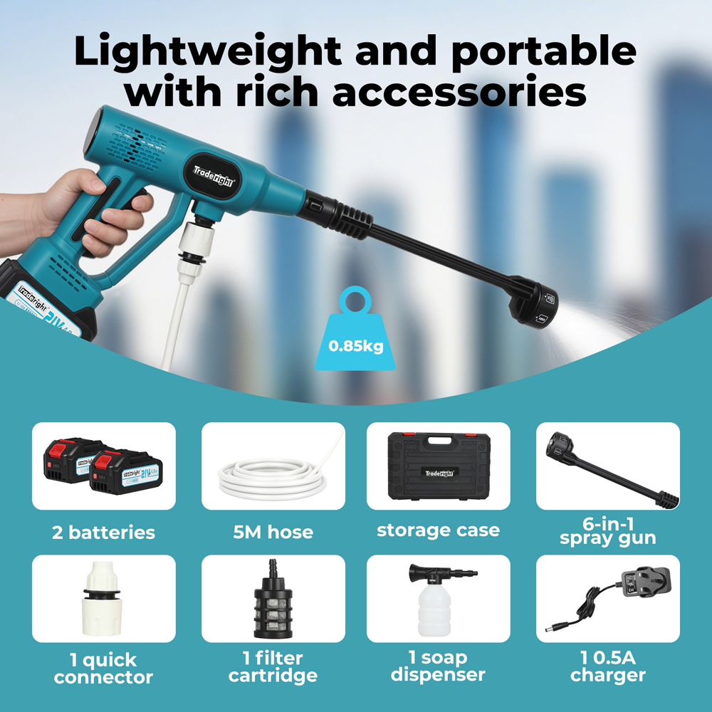 Traderight HW0297-UK 50 Bar Cordless Handheld Pressure Washer with 2 Batteries and Accessories Image 7