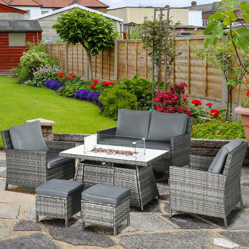 Outsunny 6 Seater Grey Sofa Lounge Set with Gas Fire Pit Table Image 1