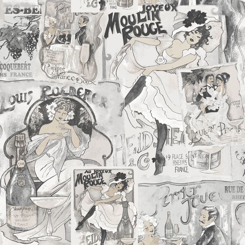 Galerie Nostalgie Moulin Rouge Champagne Posters Silver and Grey Wallpaper Image 1