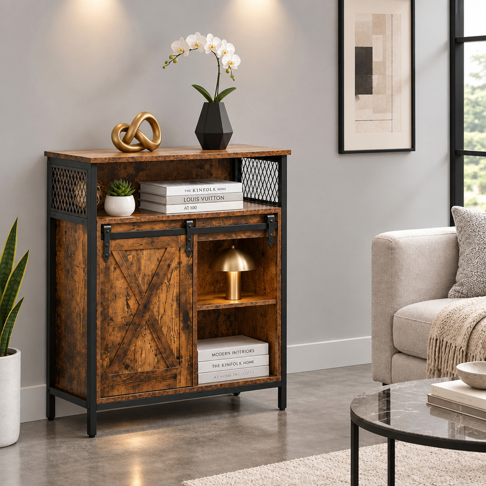 Modcraft Single Sliding Door 3 Shelf Rustic Brown and Black Industrial-Style Storage Cabinet Image 6